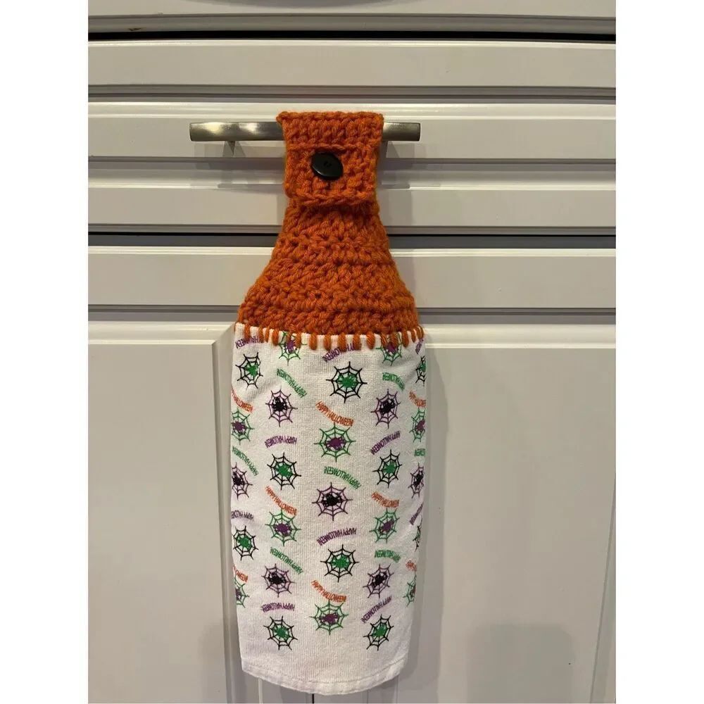 Crochet Top Kitchen Towel. Happy Halloween spiders